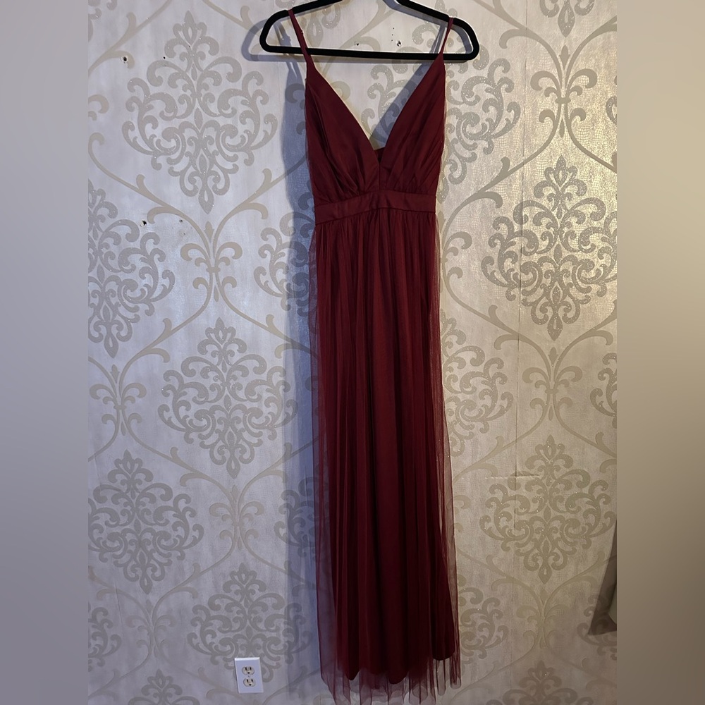 Lulu's Burgundy Rare Beauty Burgundy Tulle Backless Maxi Dress 1X - Picture 7 of 14
